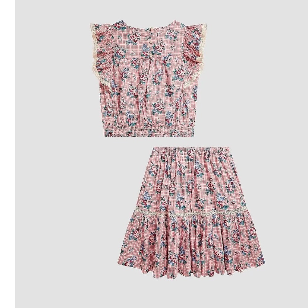 Polo Ralph Lauren Kids Pink Floral Grid Ruffle Top and Skirt Set Size 14